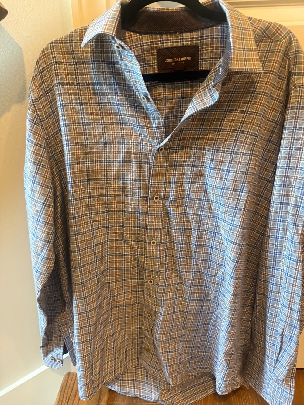 Johnston & Murphy Men's Light Blue and Brown Plaid Dress Shirt
